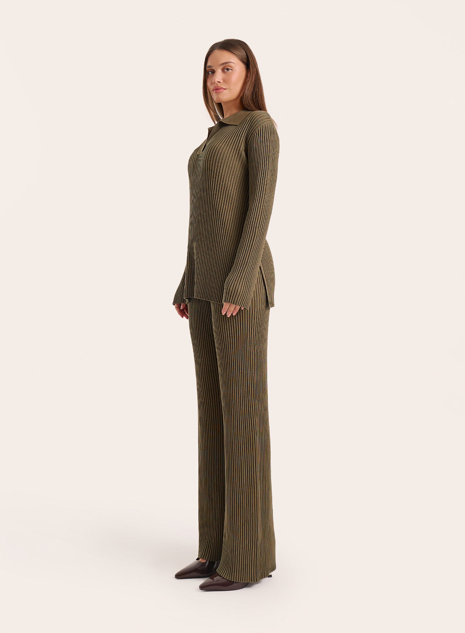 Olive Knitted Long Sleeve Polo Top
